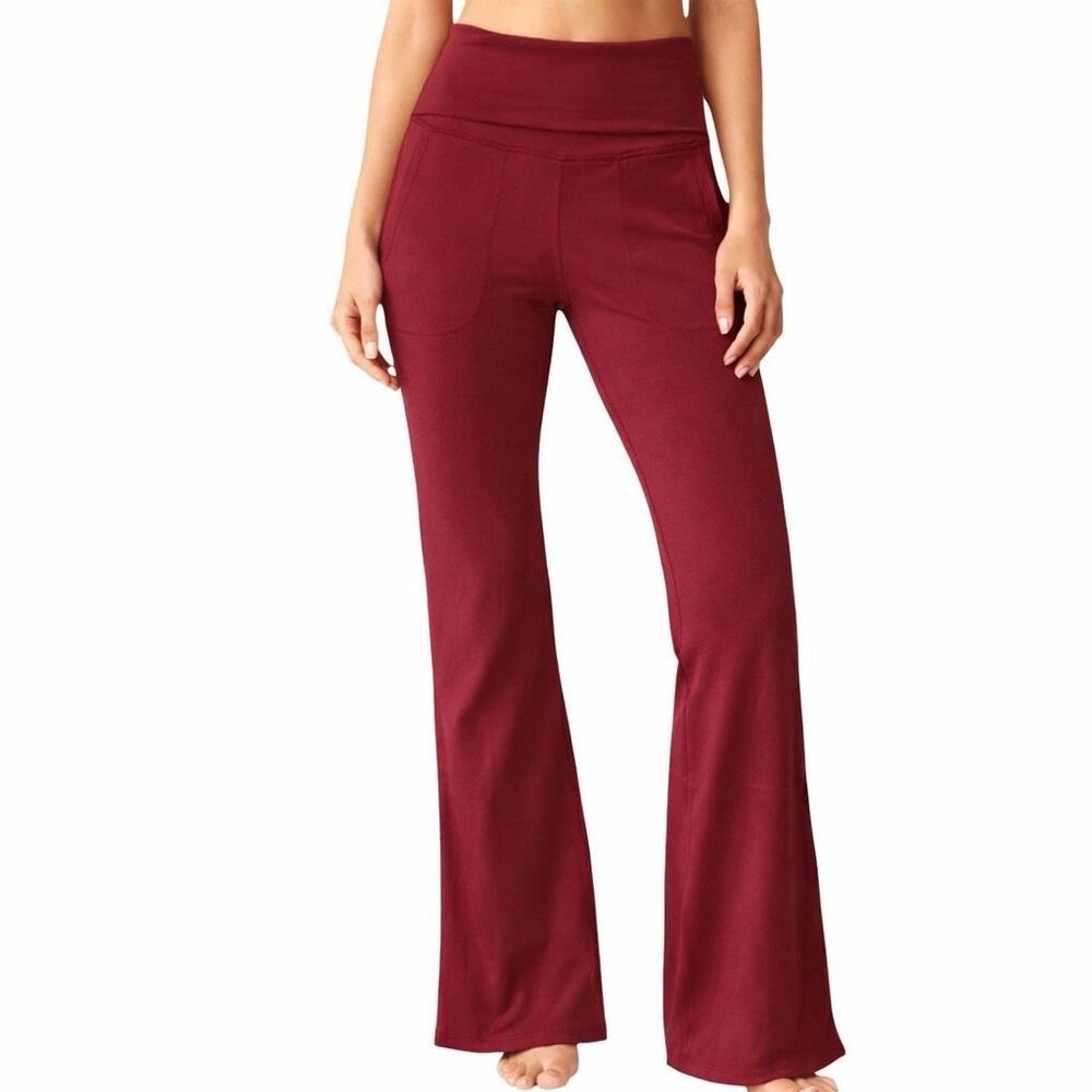 Halara Heather Burgundy Fold Over High Waist Pocket Flare Leggings Yoga Pants XS